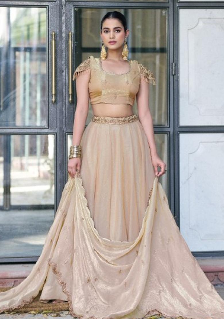 Cream Embroidered Fendi Lehenga Set - Indya