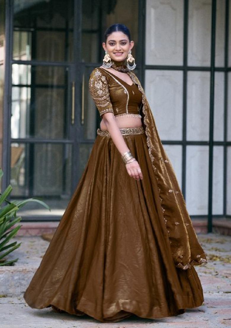 Brown Embroidered Fendi Lehenga Set - Indya