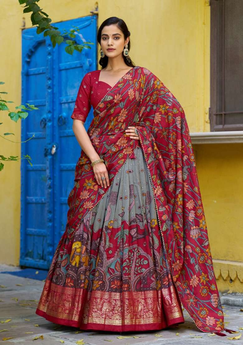 Sea Green Silk Lehenga Set with Printed for Diwali | Wedding & Festive Wear - Indya