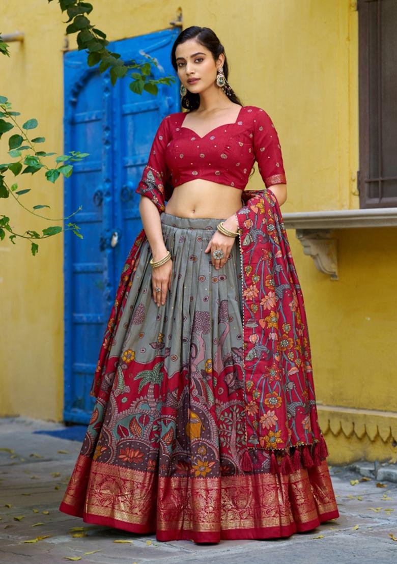 Sea Green Printed Silk Lehenga Set - Indya