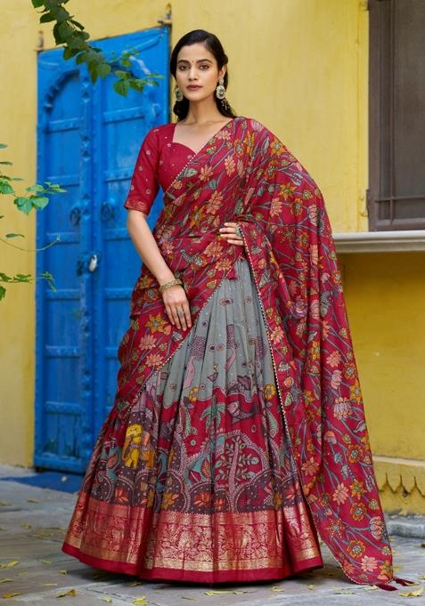 Sea Green Printed Silk Lehenga Set