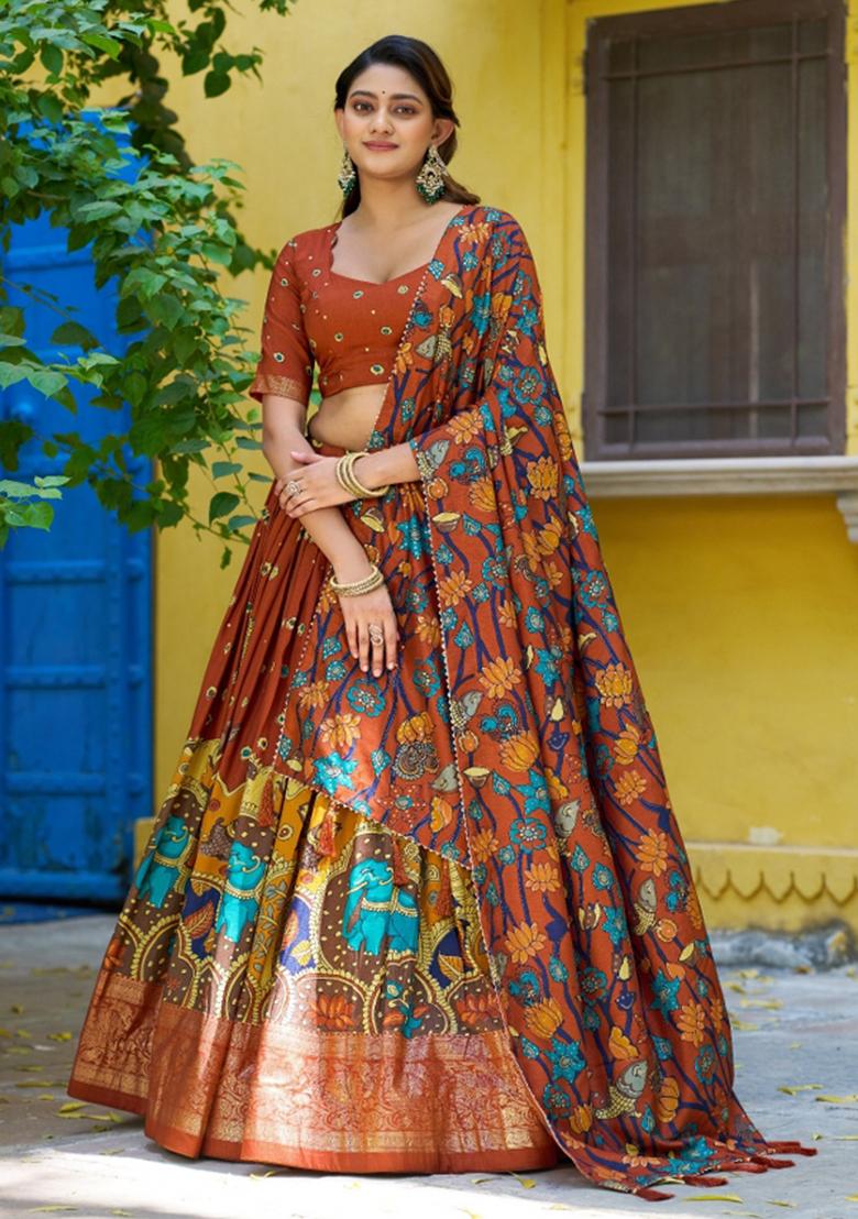 Red Printed Silk Lehenga Set - Indya