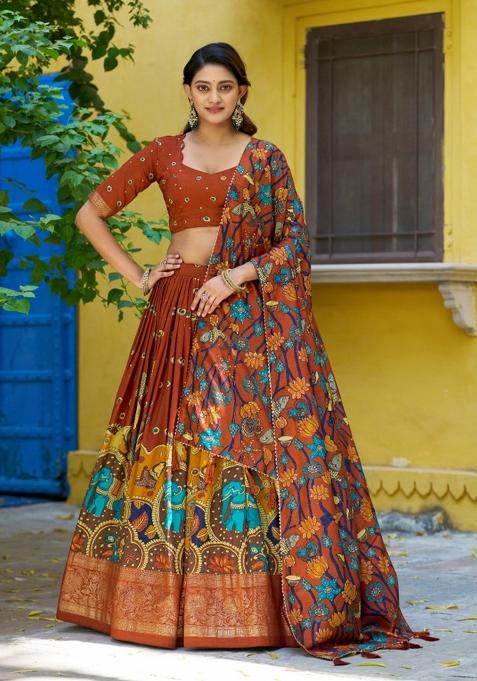 Red Printed Silk Lehenga Set