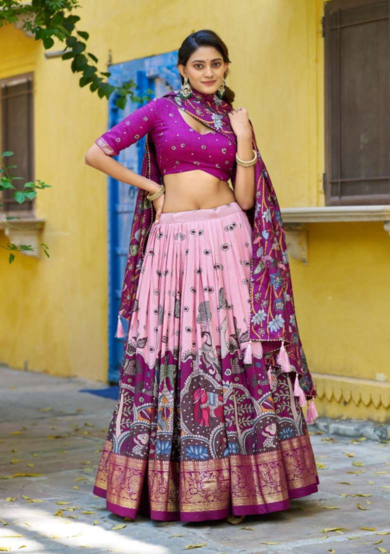 Light Pink Printed Silk Lehenga Set for Diwali and Festive Wear - Indya