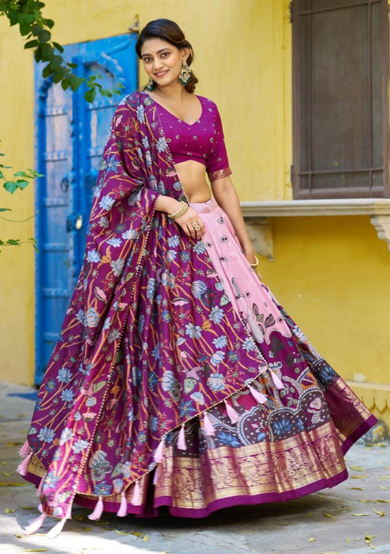 Light Pink Printed Silk Lehenga Set - Indya