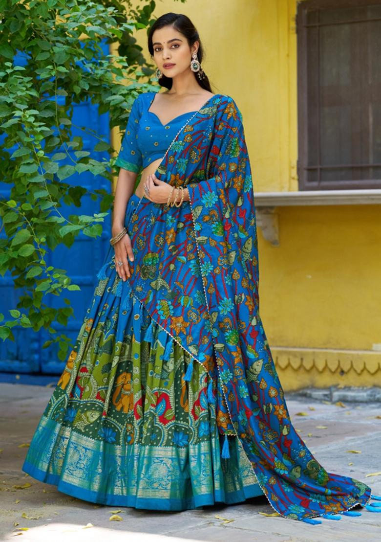 Firozi Printed Silk Lehenga Set - Indya