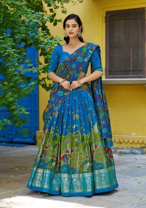 Firozi Printed Silk Lehenga Set