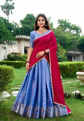 Blue Zari Work Kanchipuram Lehenga Set