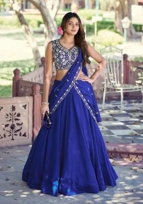 Blue Beads Work P C Kashmiri Lehenga Set