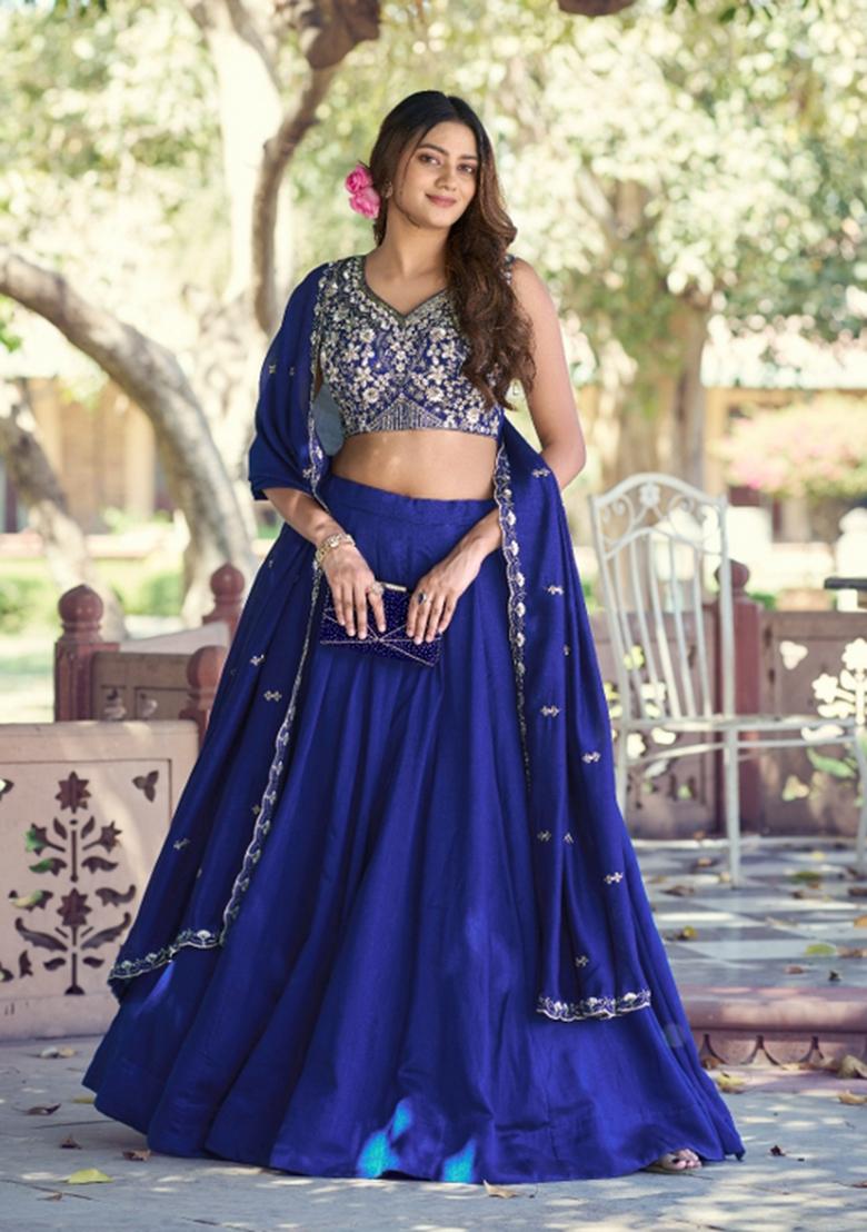 Blue Beads Work P C Kashmiri Lehenga Set - Indya
