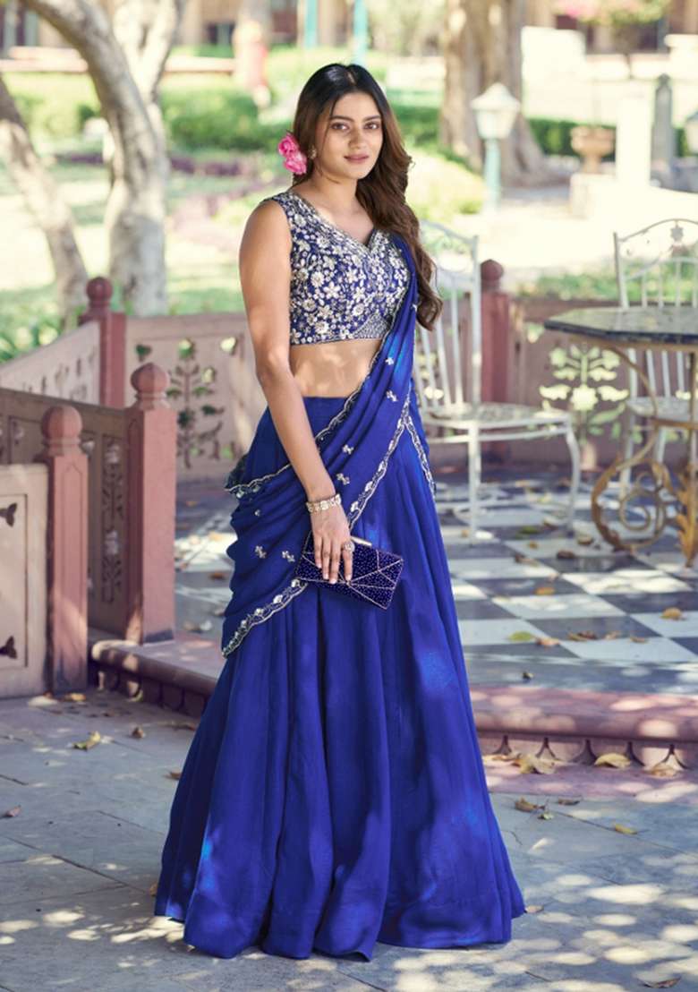 Blue Beads Work P C Kashmiri Lehenga Set for Diwali | Wedding & Festive Wear - Indya