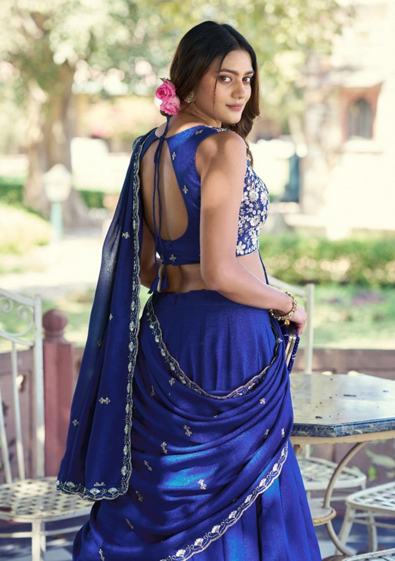 Blue Beads Work P C Kashmiri Lehenga Set - Indya