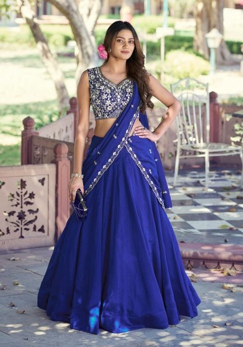 Blue Beads Work P C Kashmiri Lehenga Set