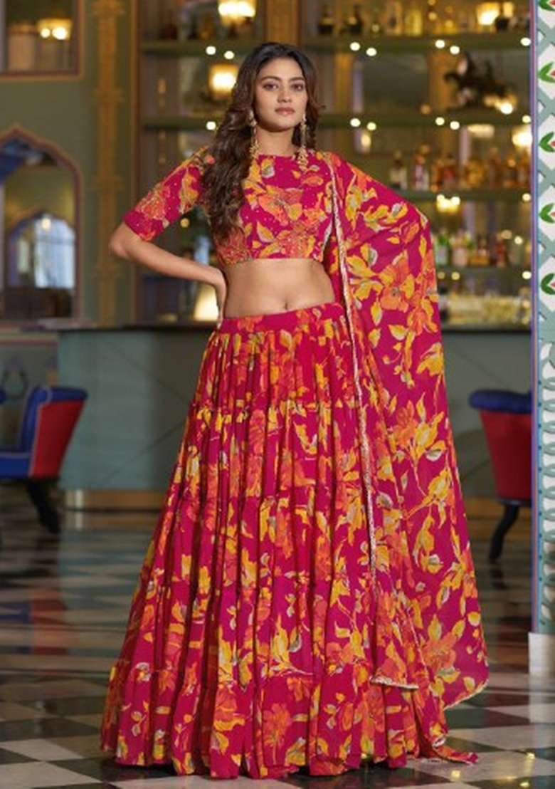 Pink Marble Lehenga Set with Printed for Diwali | Wedding & Festive Wear - Indya