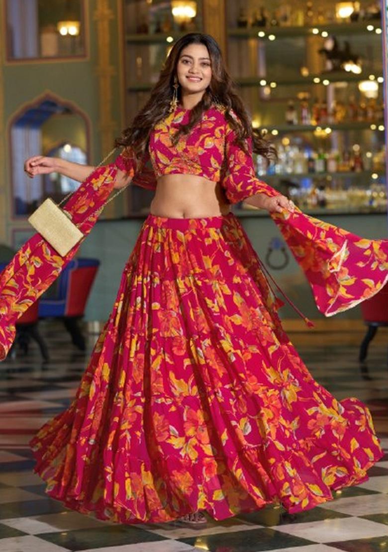 Pink Printed Marble Lehenga Set - Indya