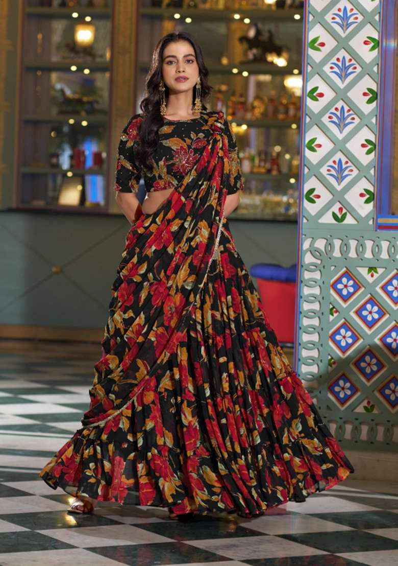 Black Marble Lehenga Set with Printed for Diwali | Wedding & Festive Wear - Indya