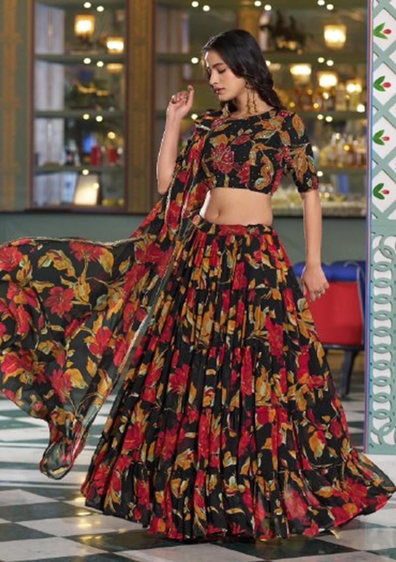Black Printed Marble Lehenga Set - Indya