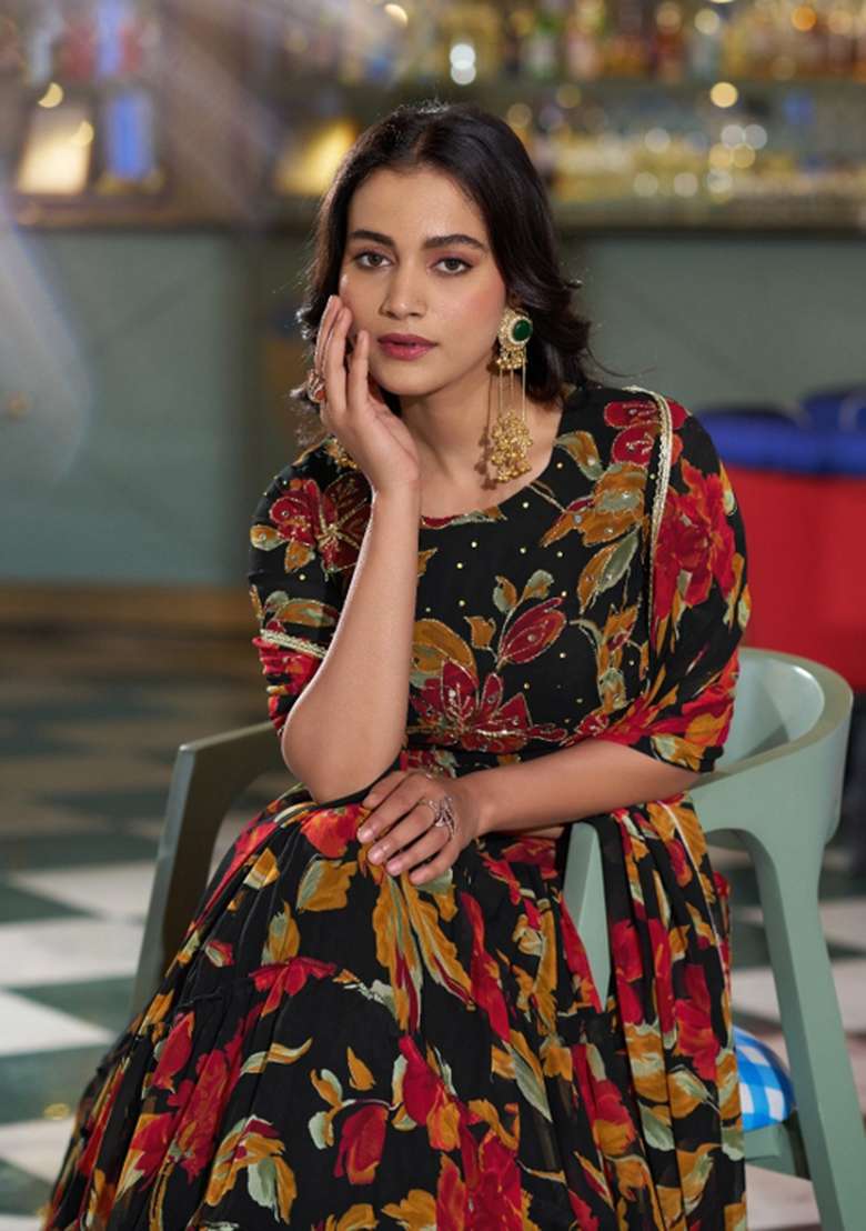 Black Marble Lehenga Set with Printed for Diwali | Wedding & Festive Wear - Indya