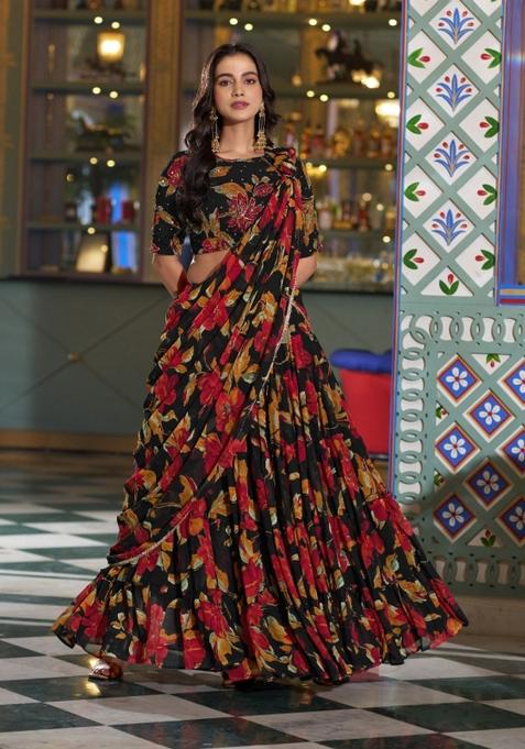 Black Printed Marble Lehenga Set