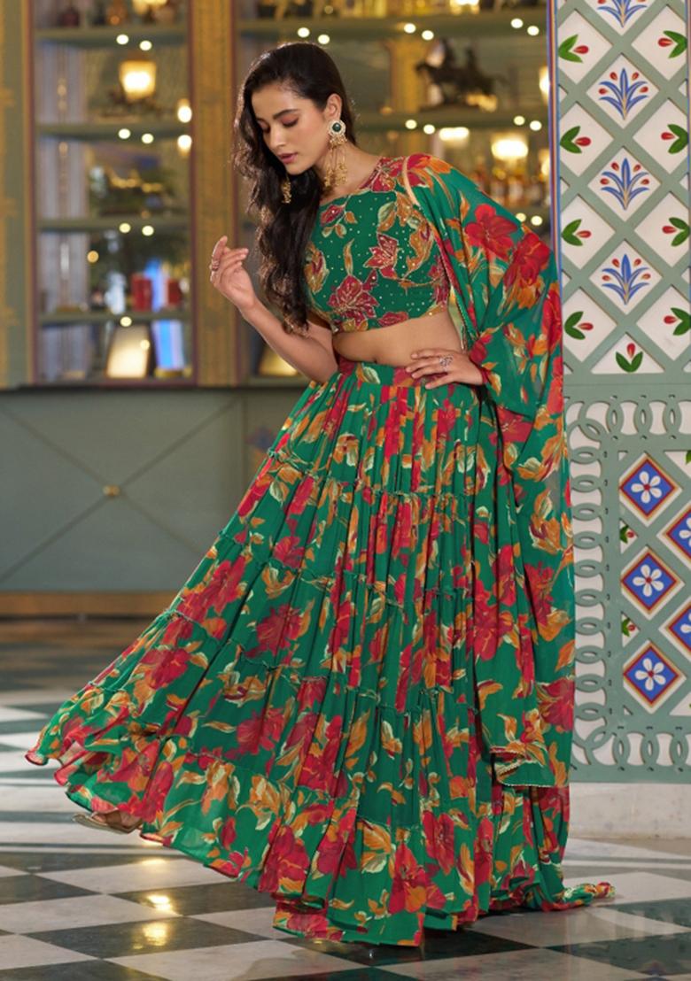 Green Printed Marble Lehenga Set - Indya