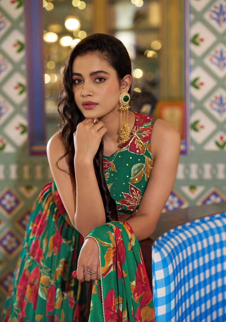 Green Printed Marble Lehenga Set for Diwali and Festive Wear - Indya