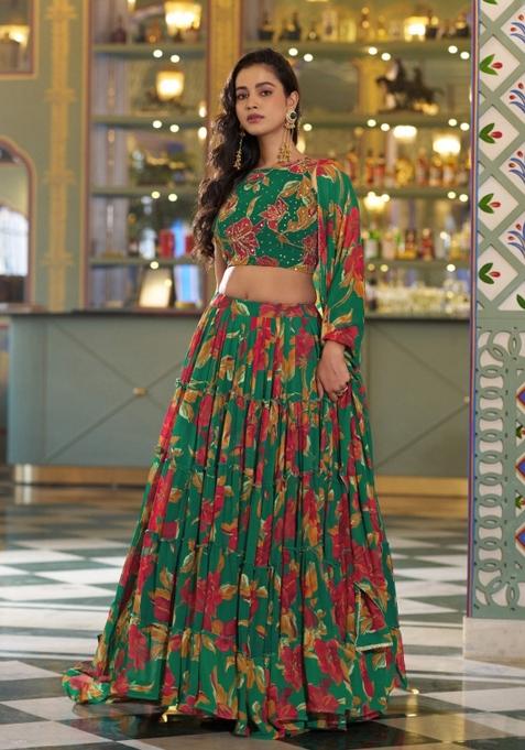 Green Printed Marble Lehenga Set