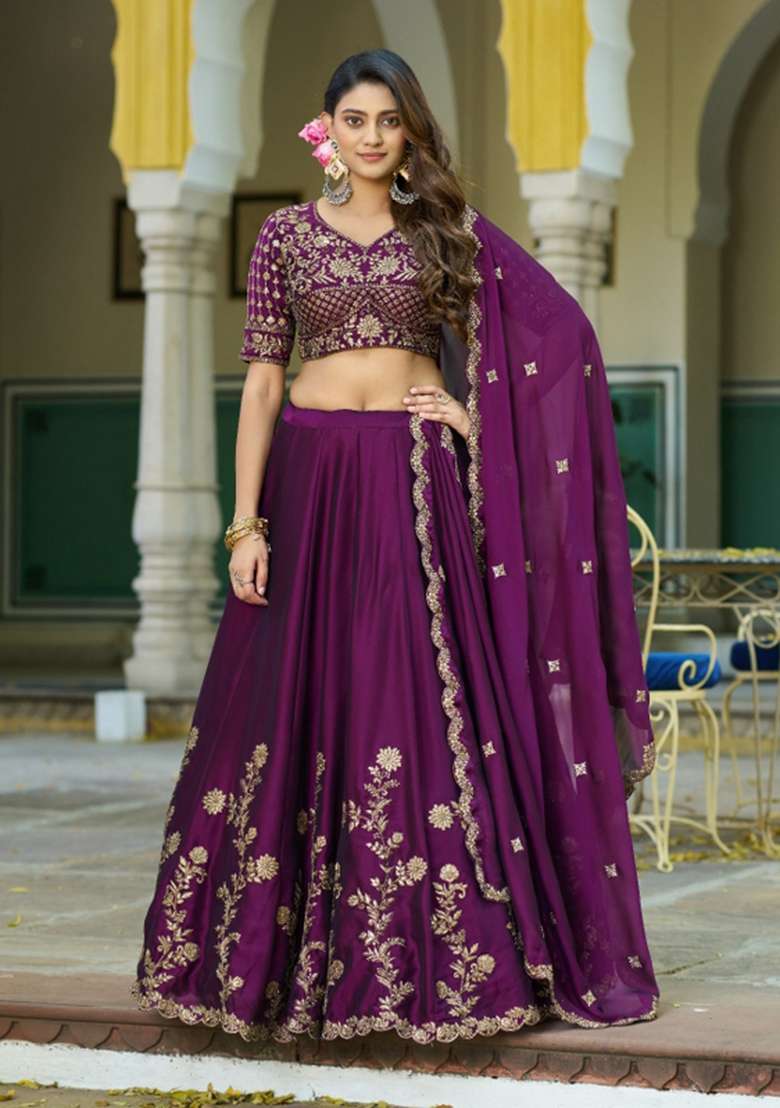 Deep Purple Silk Lehenga Set with Embroidered for Diwali | Wedding & Festive Wear - Indya