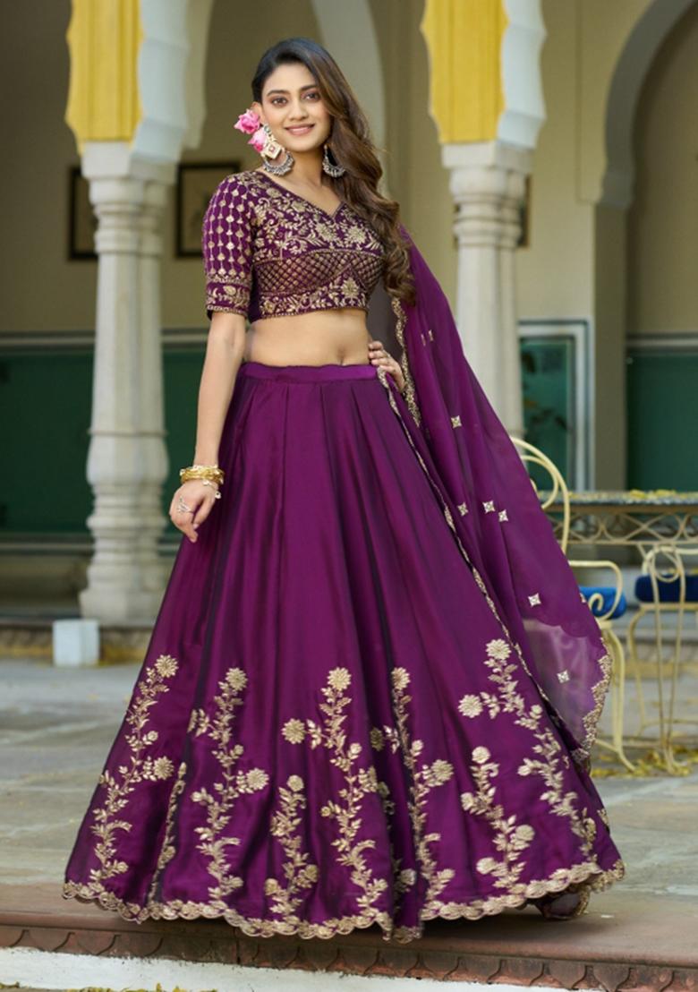 Deep Purple Embroidered Silk Lehenga Set - Indya