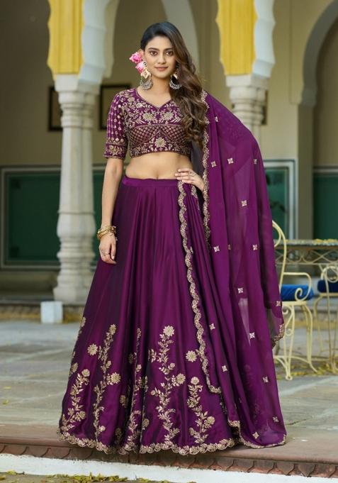 Deep Purple Embroidered Silk Lehenga Set