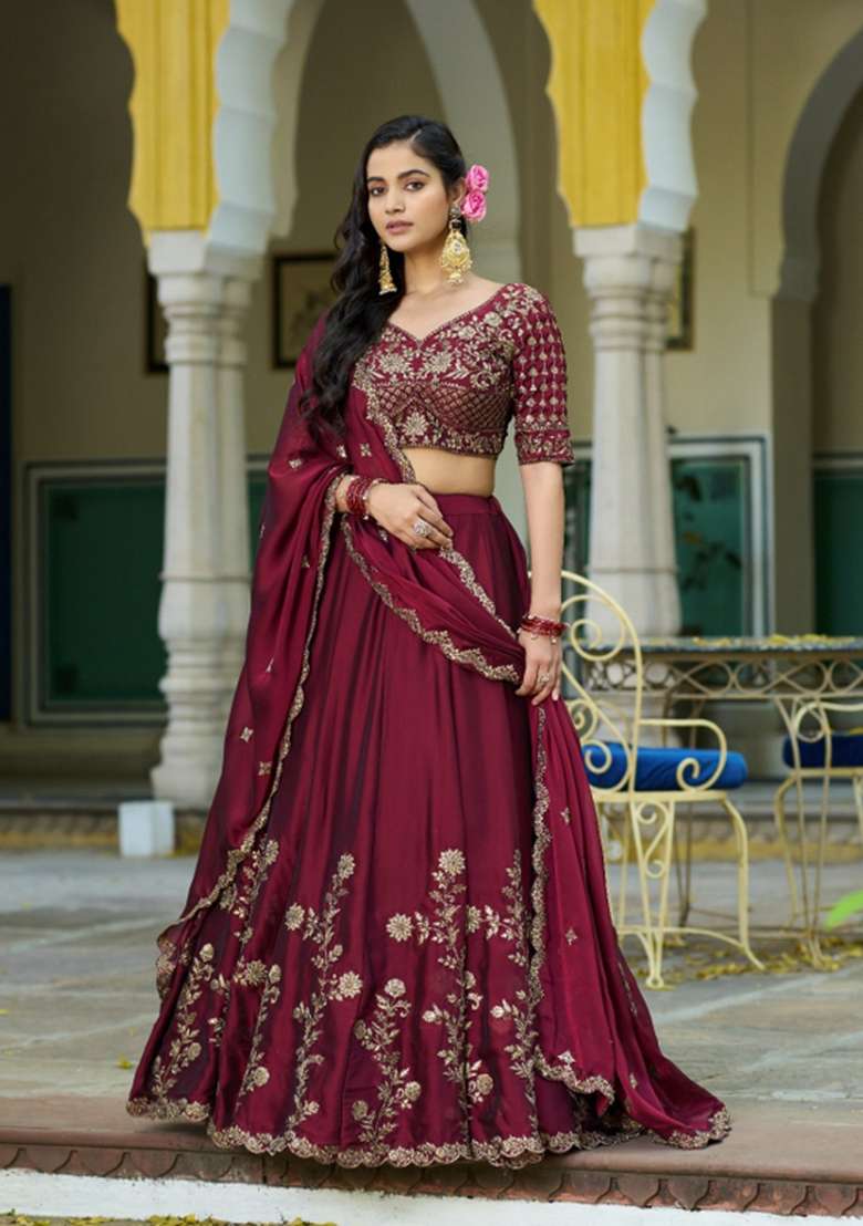 Maroon Embroidered Silk Lehenga Set for Diwali and Festive Wear - Indya