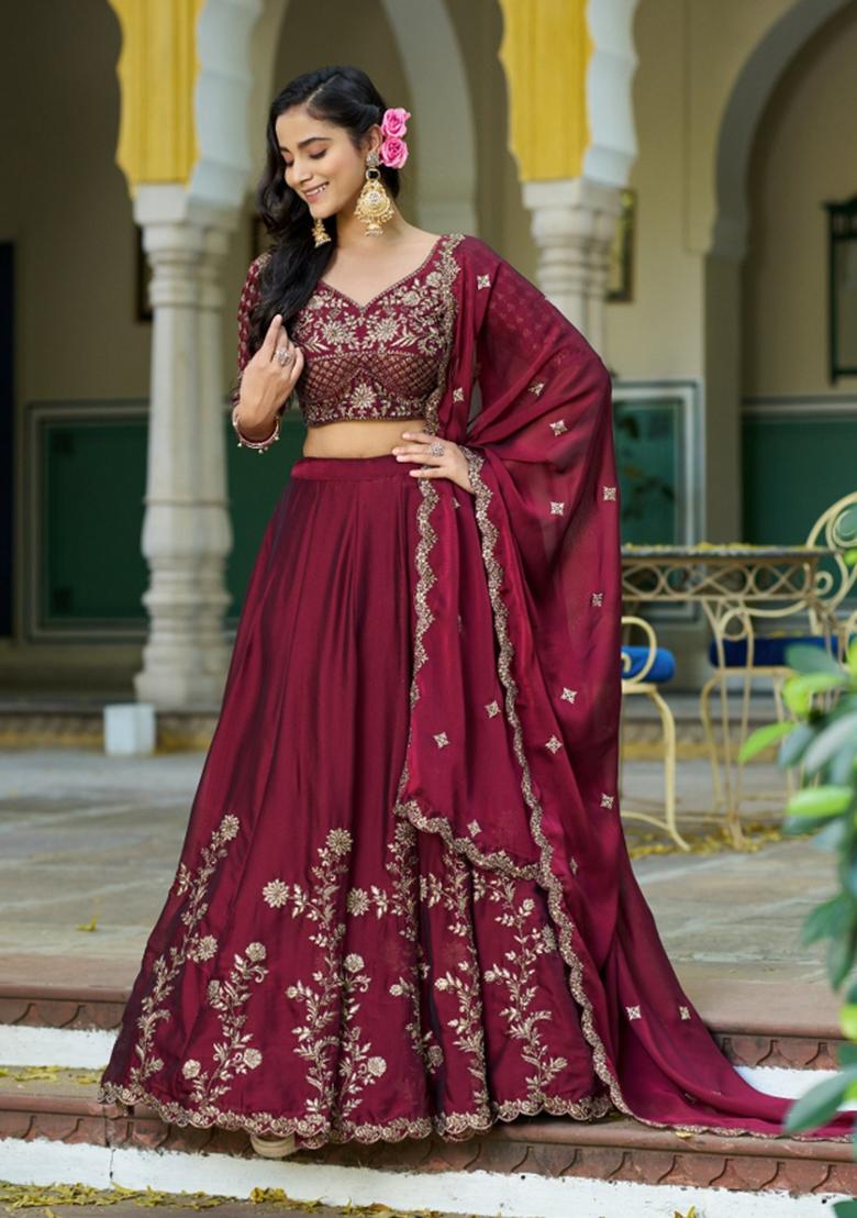 Maroon Embroidered Silk Lehenga Set - Indya