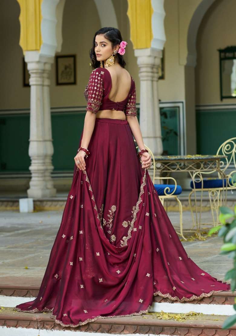 Maroon Embroidered Silk Lehenga Set for Diwali and Festive Wear - Indya