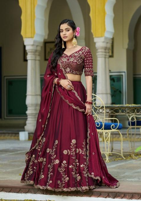 Maroon Embroidered Silk Lehenga Set