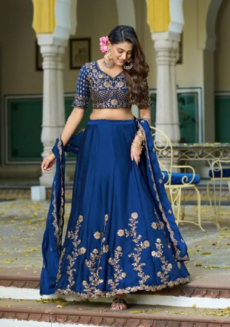 Blue Embroidered Silk Lehenga Set - Indya
