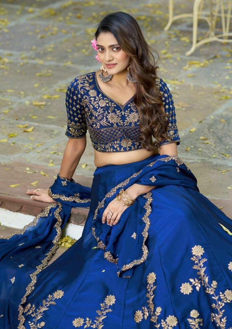 Blue Embroidered Silk Lehenga Set for Diwali and Festive Wear - Indya