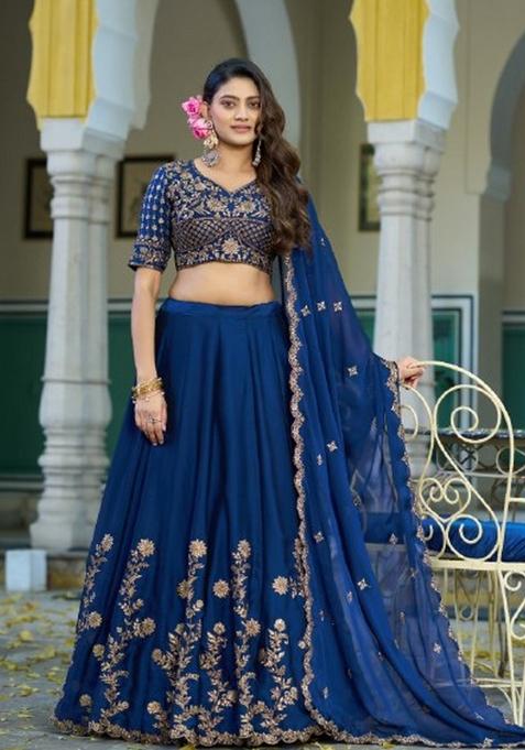 Blue Embroidered Silk Lehenga Set