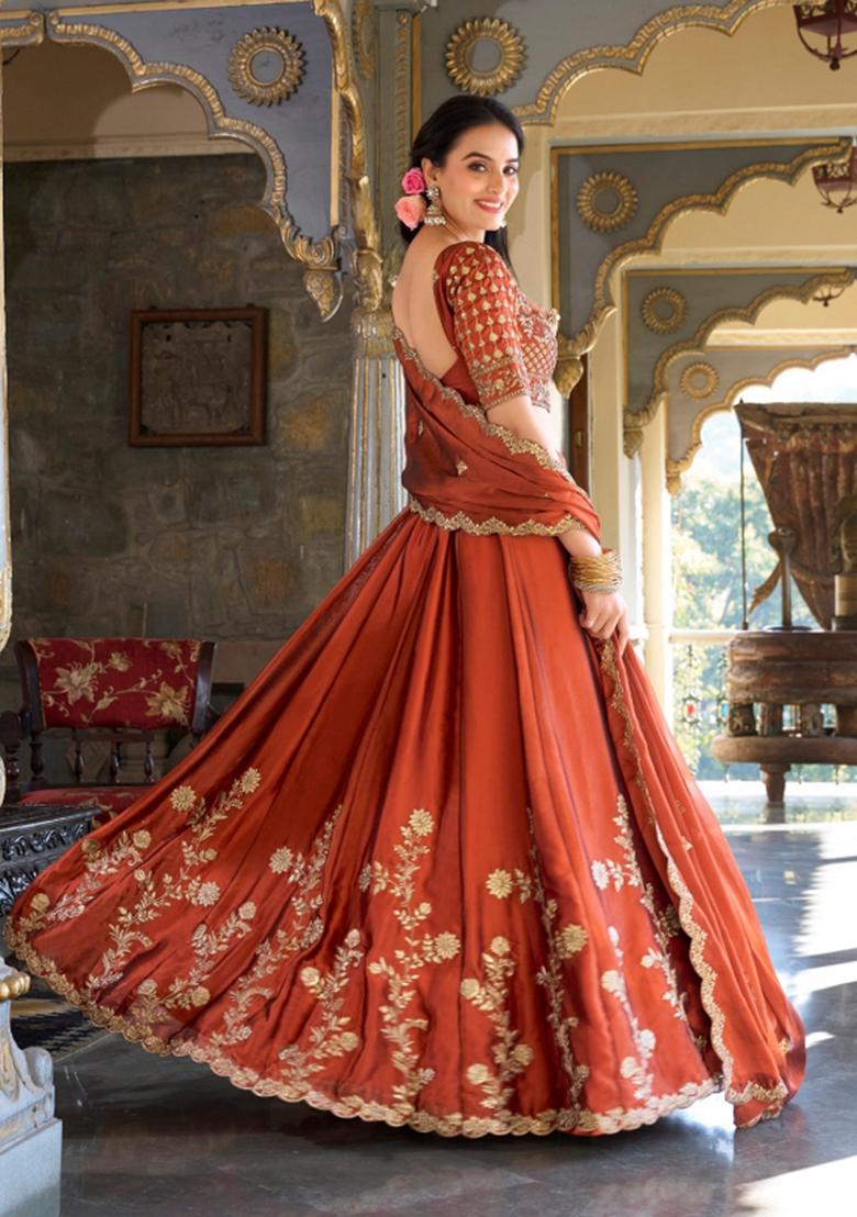 Orange Embroidered Silk Lehenga Set - Indya