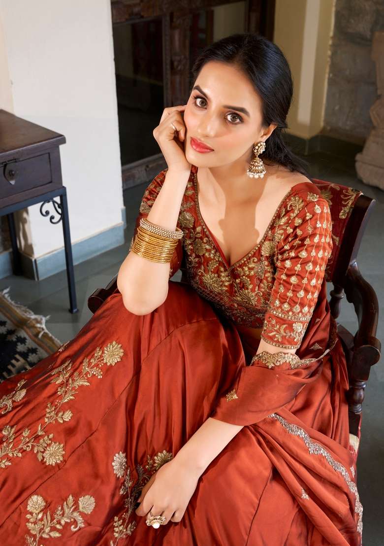 Orange Embroidered Silk Lehenga Set for Diwali and Festive Wear - Indya
