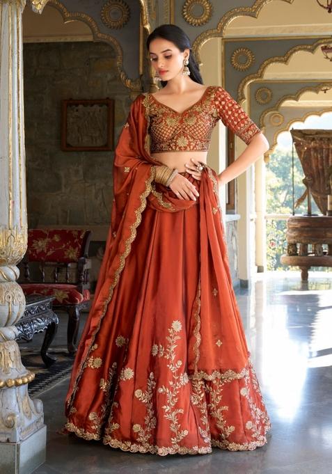 Orange Embroidered Silk Lehenga Set