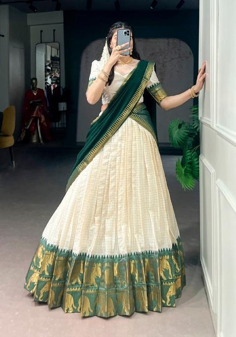 Green Zari Work Cotton Lehenga Set