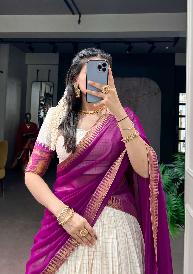 Wine Zari Work Cotton Lehenga Set for Diwali and Festive Wear - Indya