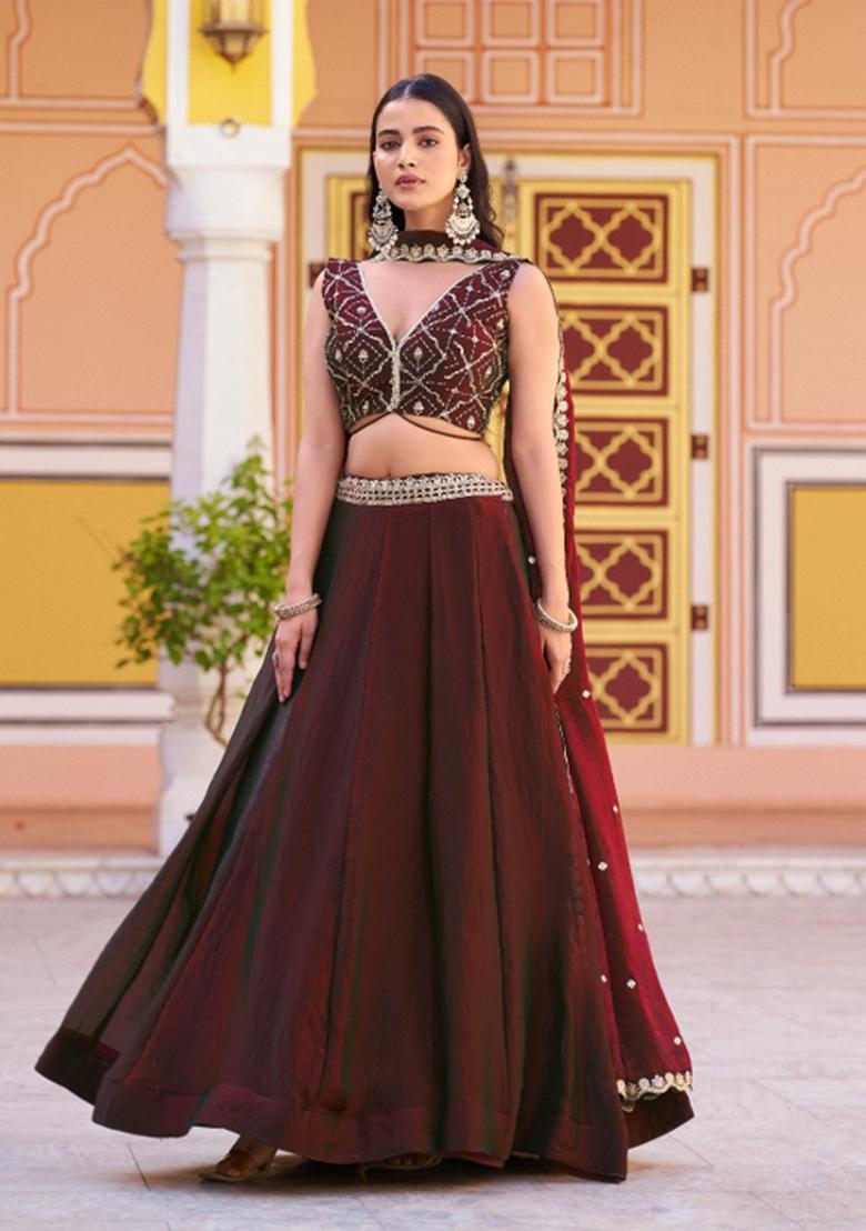 Maroon Embroidered Fendi Lehenga Set - Indya