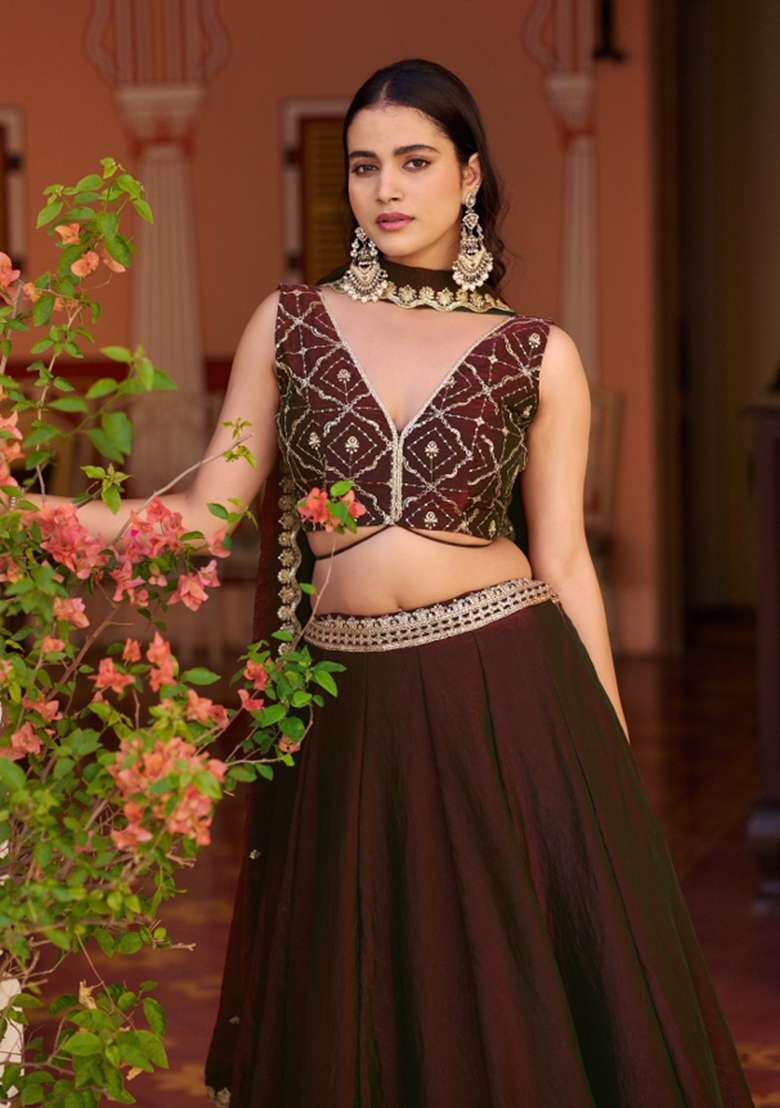 Maroon Fendi Lehenga Set with Embroidered for Diwali | Wedding & Festive Wear - Indya