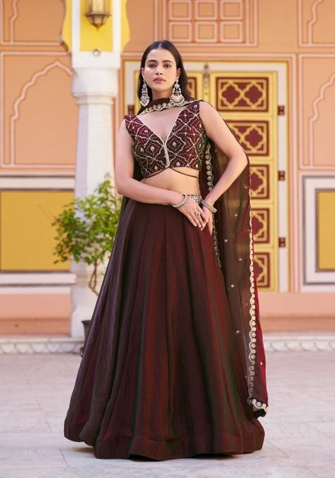Maroon Embroidered Fendi Lehenga Set
