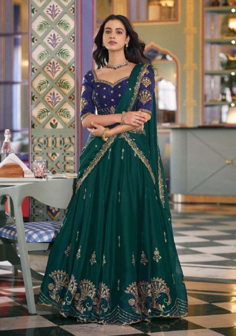 Green Embroidered Silk Lehenga Set for Diwali and Festive Wear - Indya