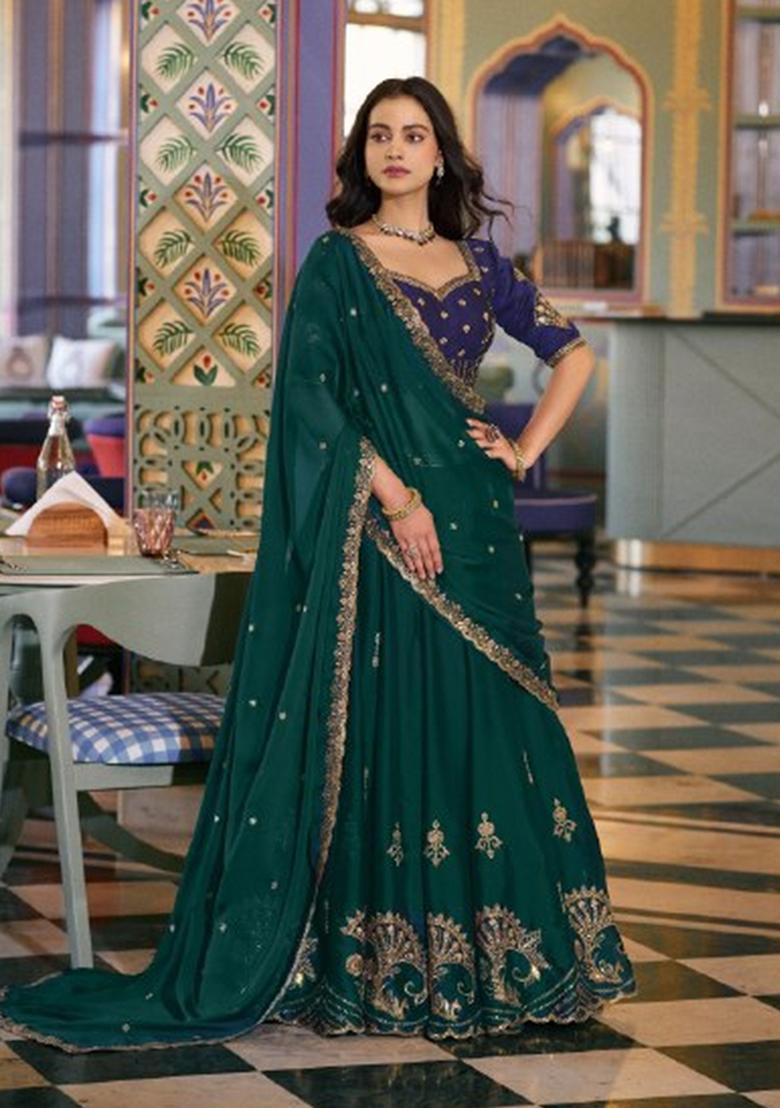 Green Embroidered Silk Lehenga Set - Indya