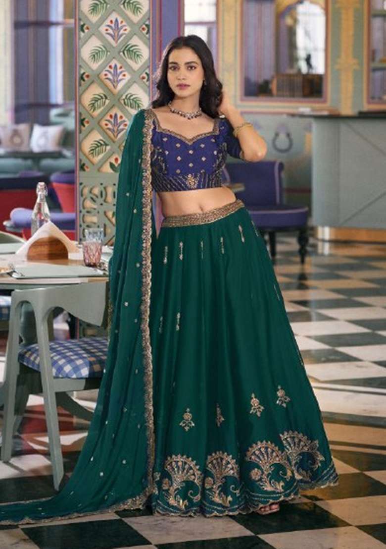 Green Embroidered Silk Lehenga Set for Diwali and Festive Wear - Indya