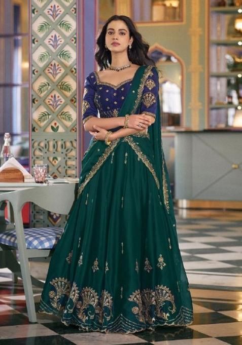 Green Embroidered Silk Lehenga Set