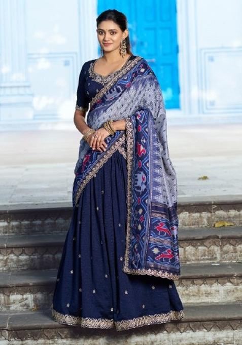 Blue Embroidered Silk Lehenga Set
