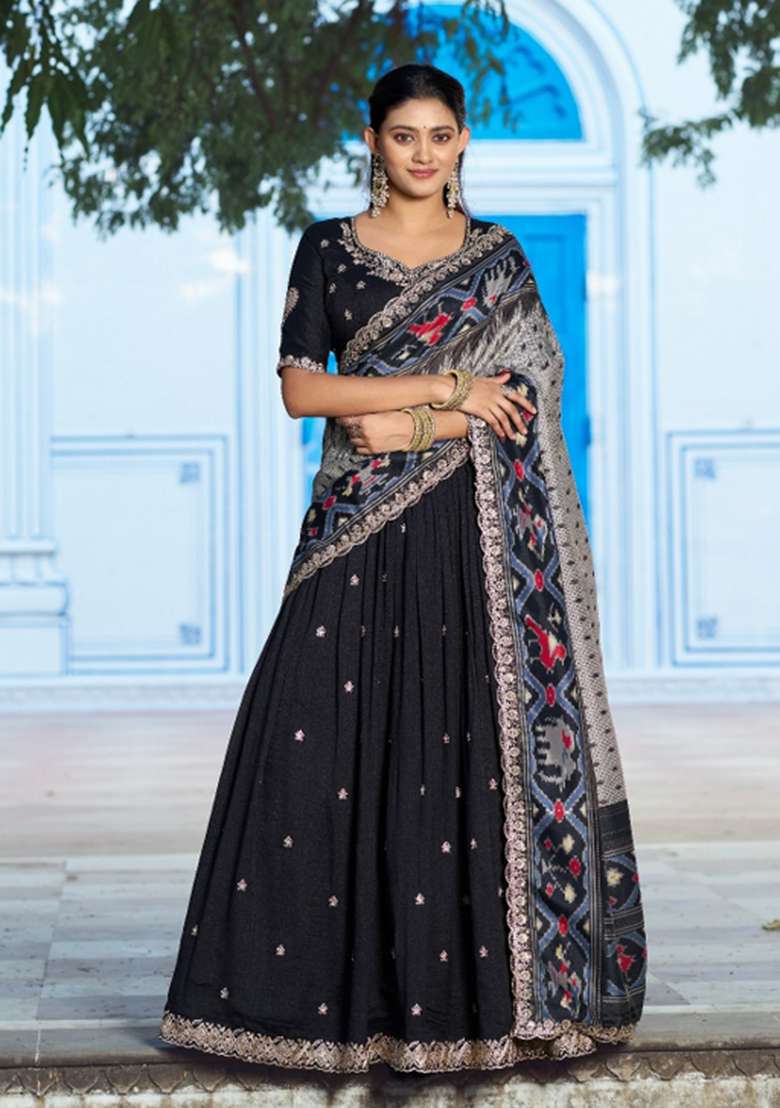 Black Silk Lehenga Set with Embroidered for Diwali | Wedding & Festive Wear - Indya